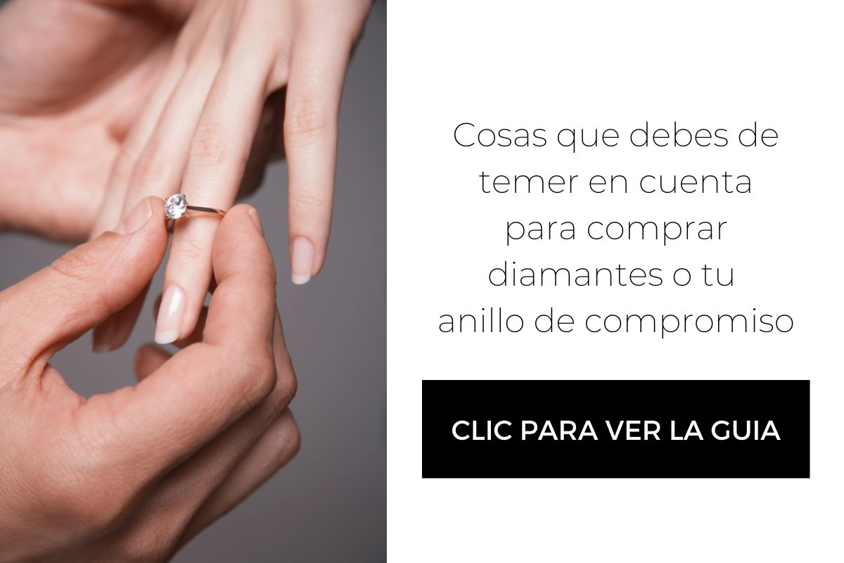 pareja de novios durante su pedida de mano con anillo de compromiso y boton para acceder a guia sobre como comprar diamantes de compromiso